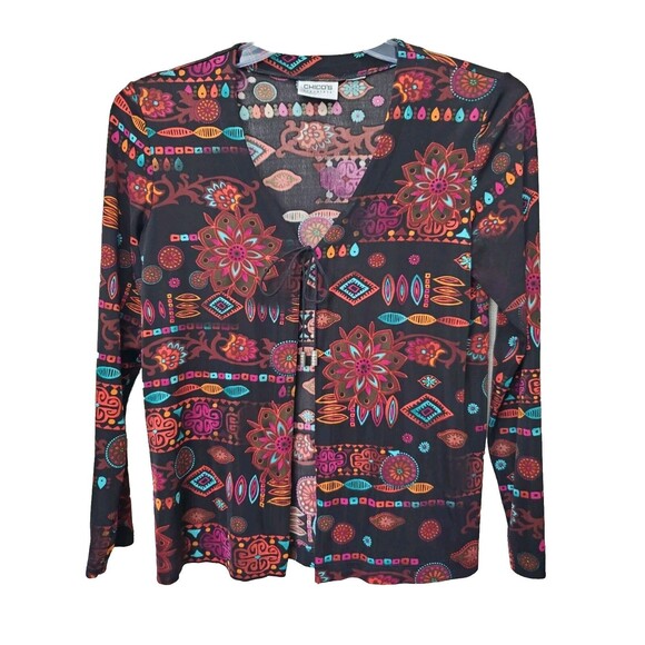 Chico's Travelers Geo Aztec Print Tie-Neck Long Sleeve Jacket Size Medium - Picture 1 of 5